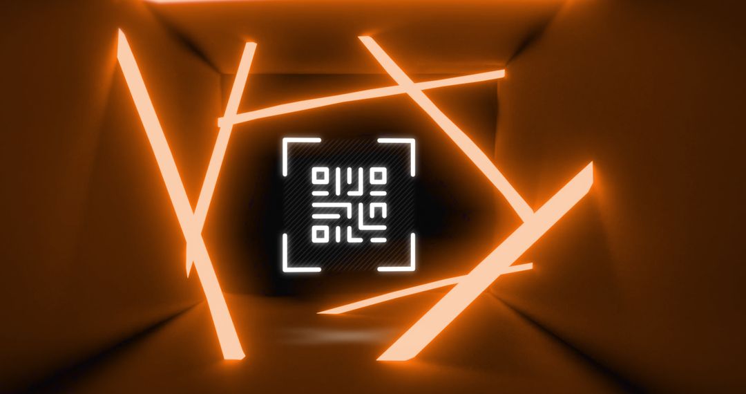 Glowing QR Code with Neon Orange Lines in Futuristic Space