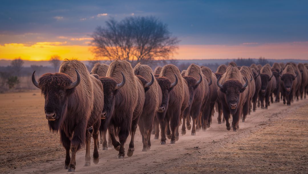 Herd of American Bison Marching Down Dirt Track at Sunset with Dust Plumes and Golden Sky
