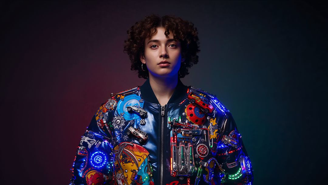 Model wearing neon techwear bomber jacket with embedded toy parts and LED circuitry