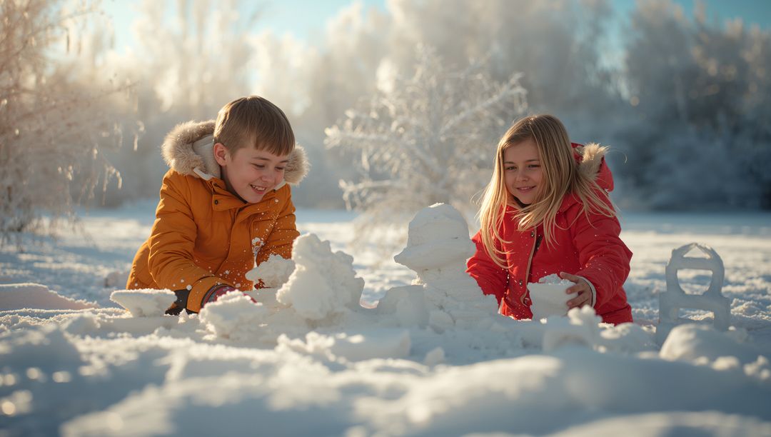 Siblings Building Snow Castle in Wintry Field