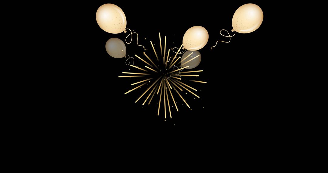 Golden balloons and fireworks celebration on black background