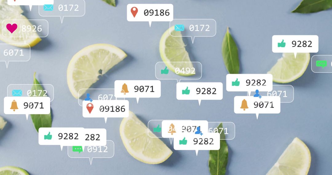 Social Media Interaction with Fresh Citrus and Leaves on Blue