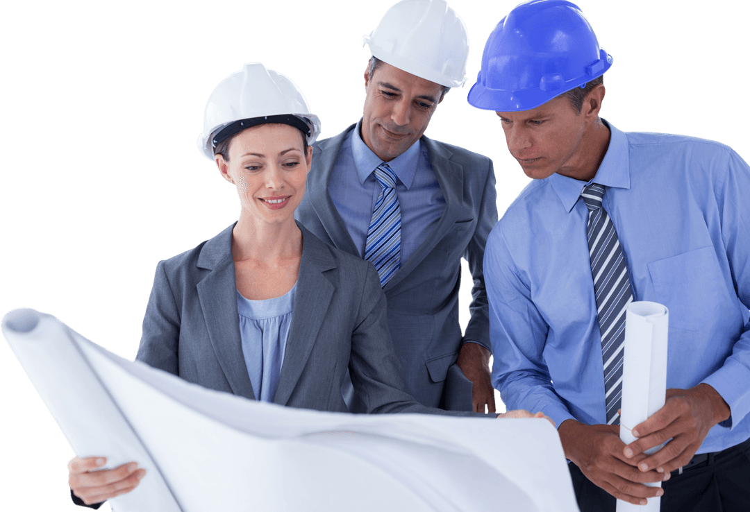 Team Reviewing Blueprints with Transparent Hard Hats in Office
