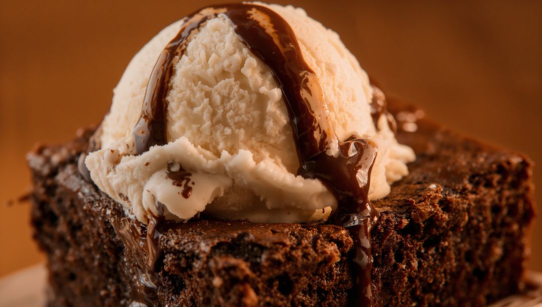 Fudgy brownie with melting vanilla scoop and warm chocolate drizzle
