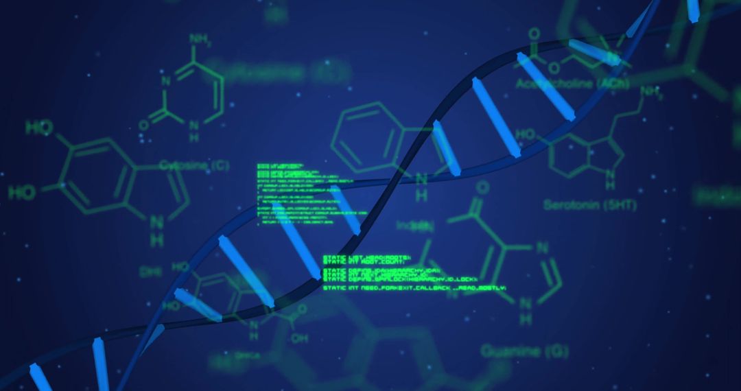 DNA Strand with Data Stream in Digital Blue Background
