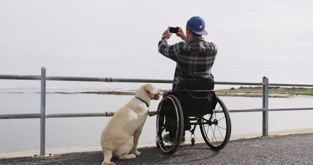 Man in Wheelchair Taking Photo by the Seaside with Dog - Free Images, Stock Photos and Pictures on Pikwizard.com