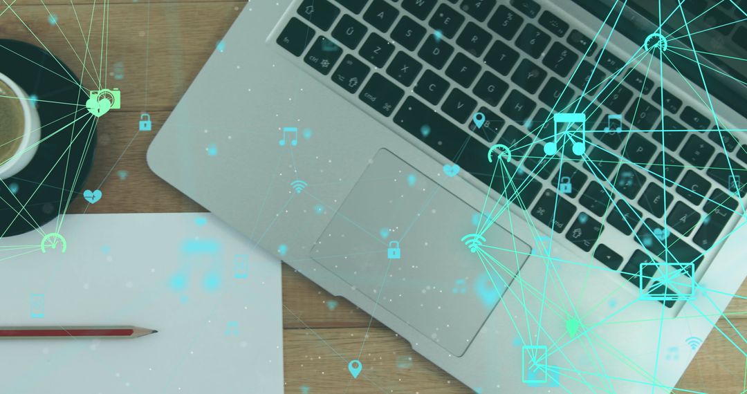 Digital Icons Overlay Laptop on Wooden Desk