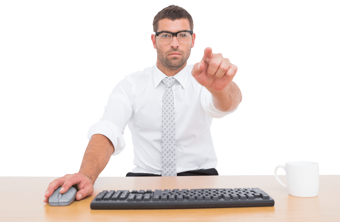 Businessman Reaching Forward at Desk Transparently Isolated