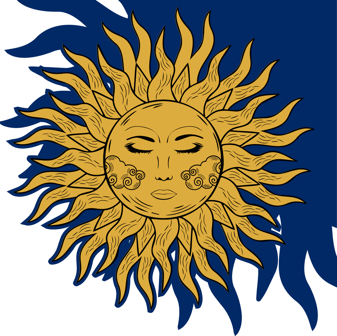 Golden Sun with Serene Face and Swirling Rays on Transparent Background