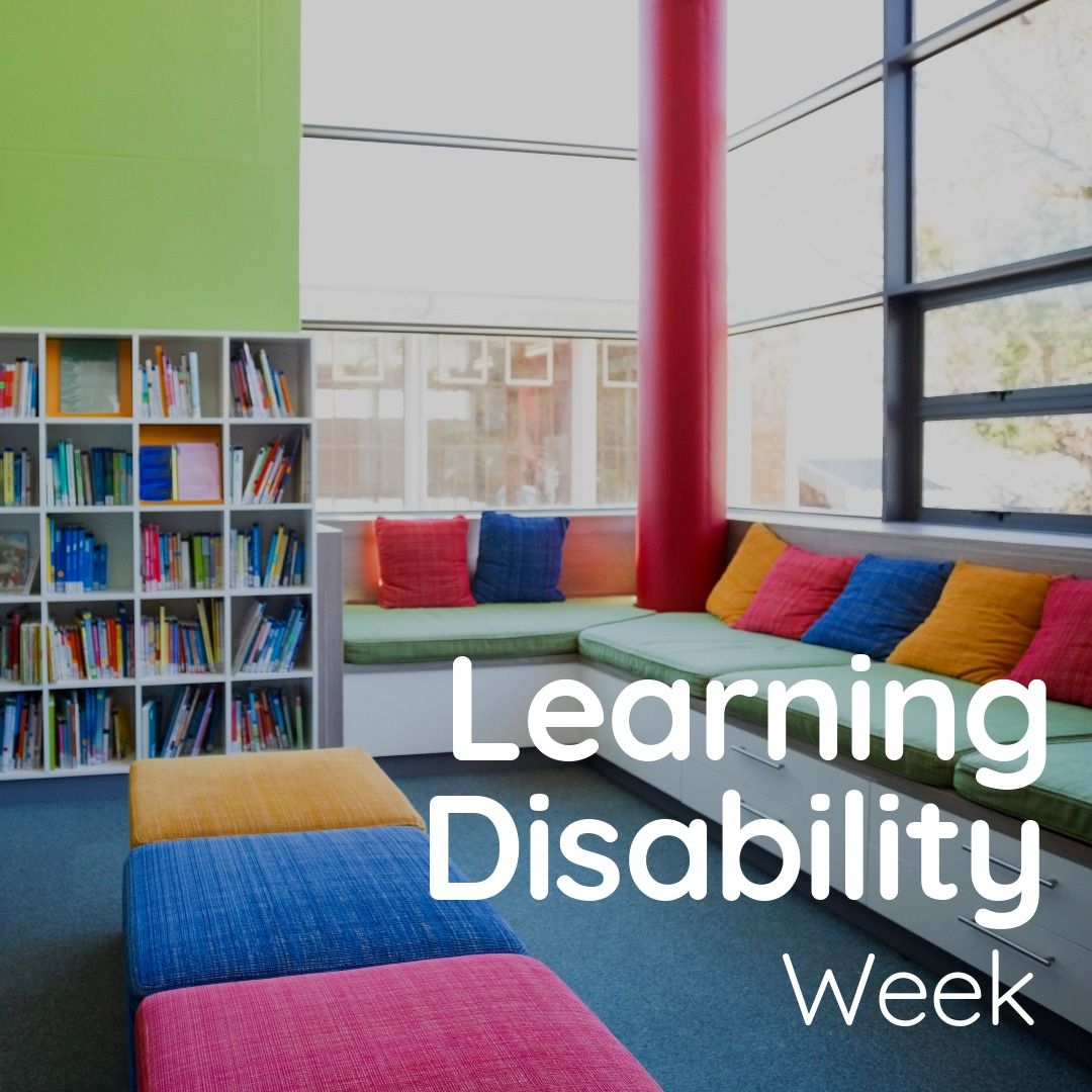 Digital composite image of learning disability week text over study room with bookshelf and seat - Download Free Stock Templates Pikwizard.com