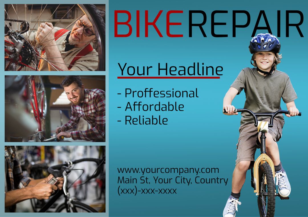 Bicycle Repair Advertising Template with Mechanics and Smiling Child