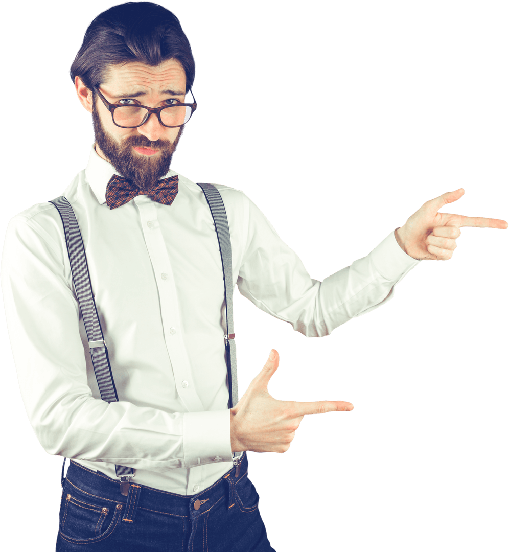 Bearded Man in Bow Tie Pointing Transparent Background