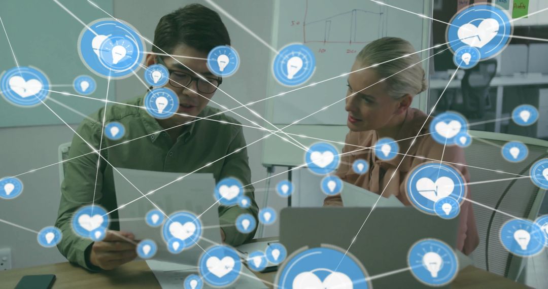 Business Professionals Collaborating Over Network Icon Overlay