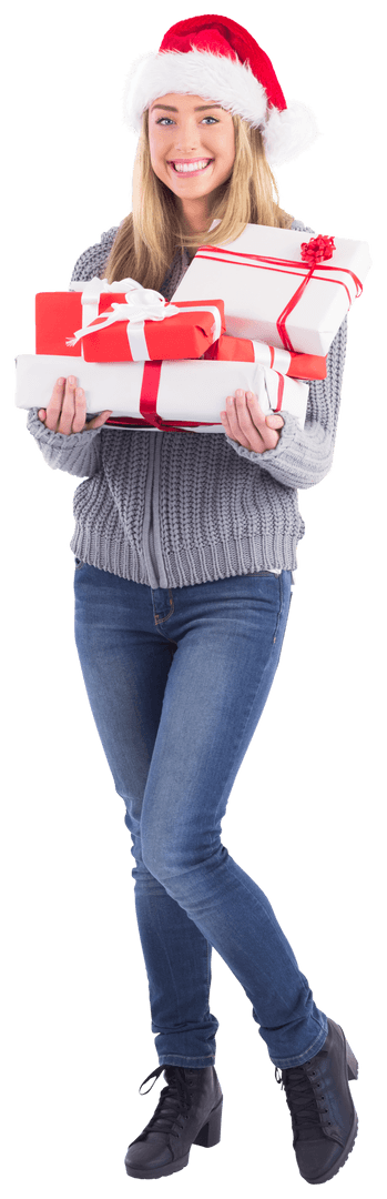 Smiling Woman with Christmas Gifts Transparent Background