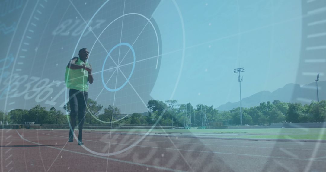 Athlete Running on Track with Data Overlay