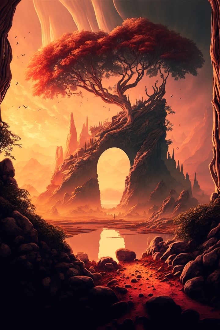 Mystical Landscape with Archway and Red Tree at Sunset - Free Images, Stock Photos and Pictures on Pikwizard.com