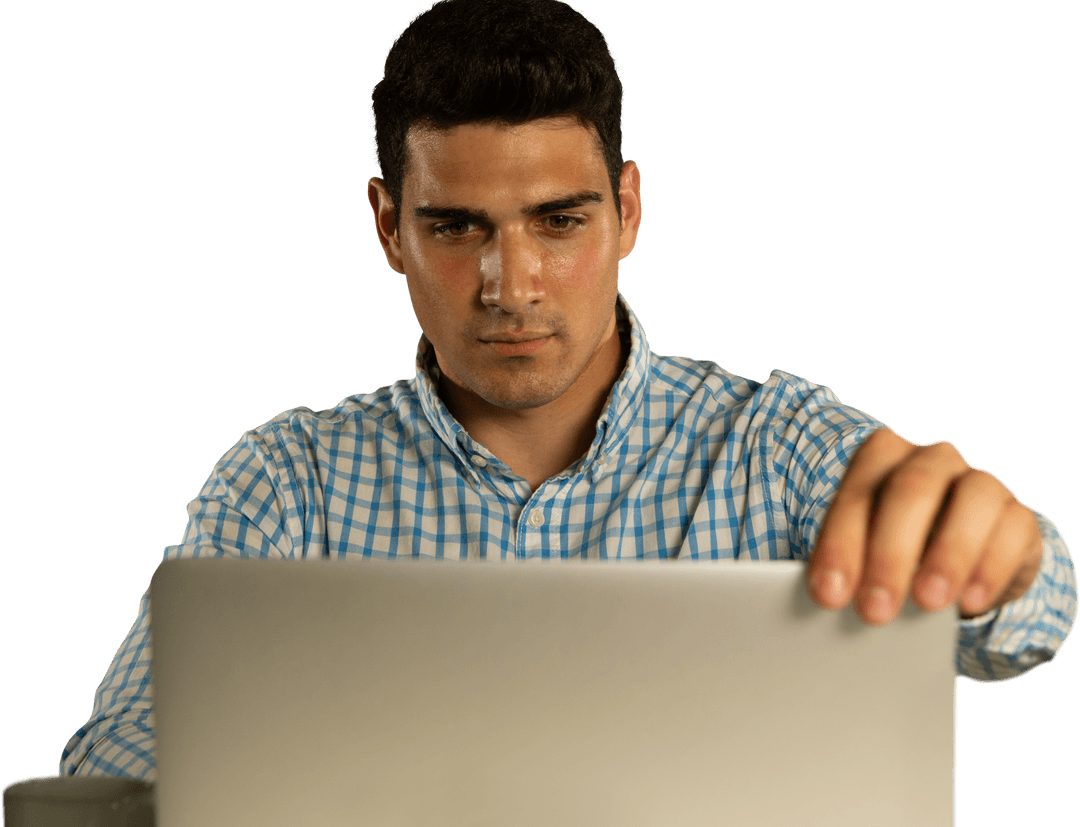 Transparent Image of Biracial Man Using Laptop for Technology and Communication