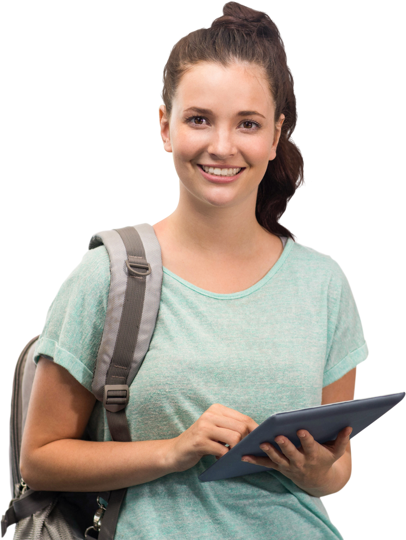 Smiling Female Student with Tablet and Backpack on Transparent Background - Download Free Stock Images Pikwizard.com