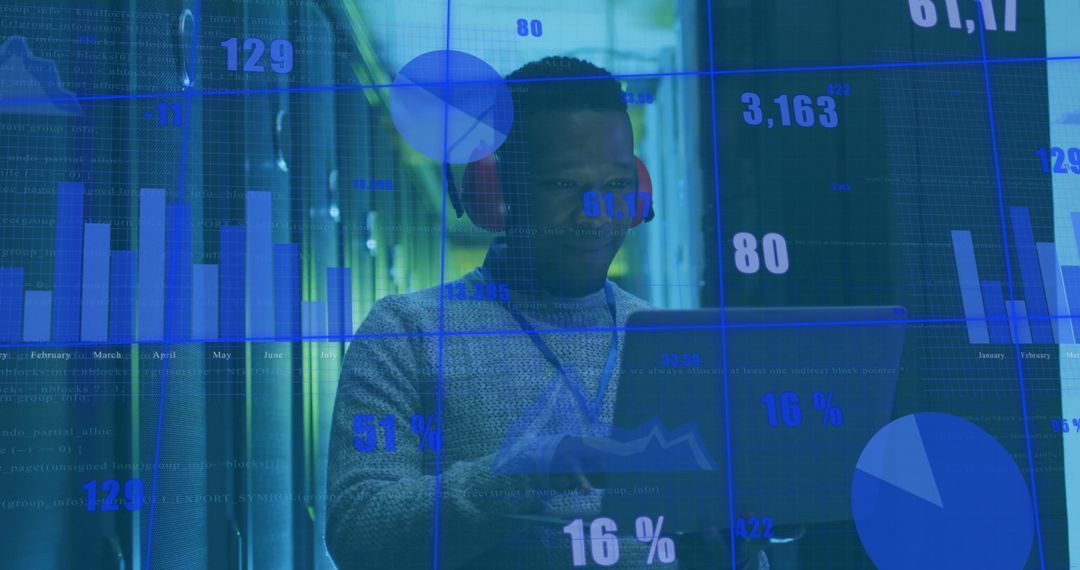 Data Analyst in Server Room Analyzing Digital Charts