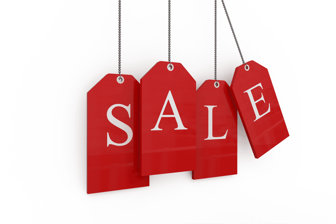 Hanging Red Sale Tags on Transparent Background for Shopping Promotion