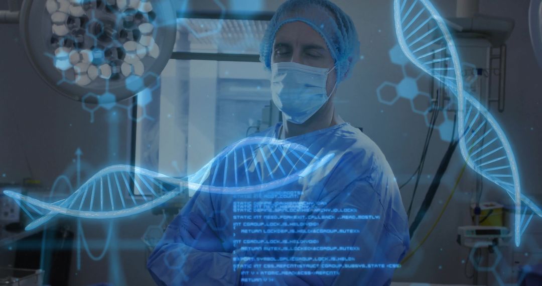 Surgeon Studying Holographic DNA Data in Operating Room