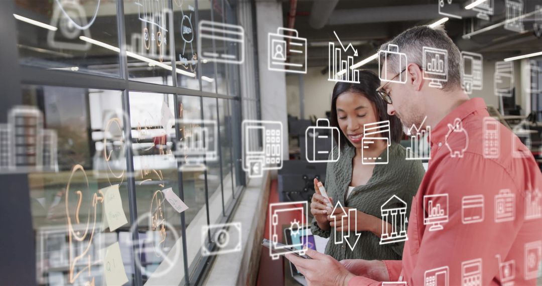 Business Professionals Collaborating with Digital Interface Overlays