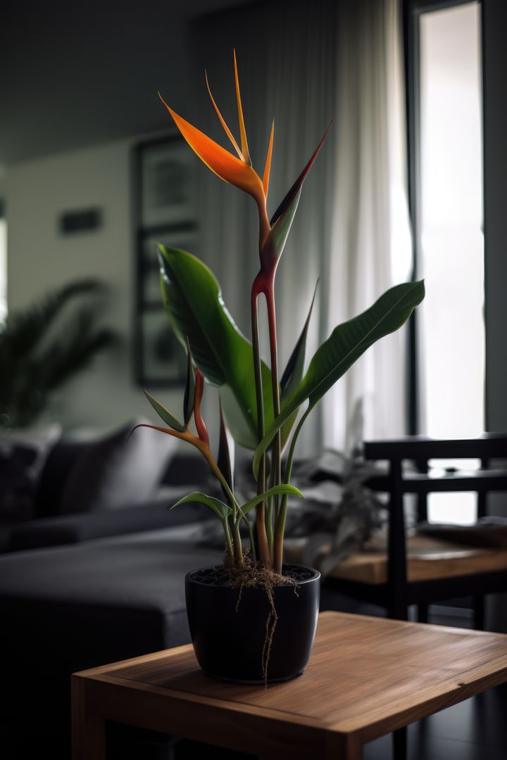 Vibrant Bird of Paradise Plant on Wooden Table in Modern Living Room - Free Images, Stock Photos and Pictures on Pikwizard.com