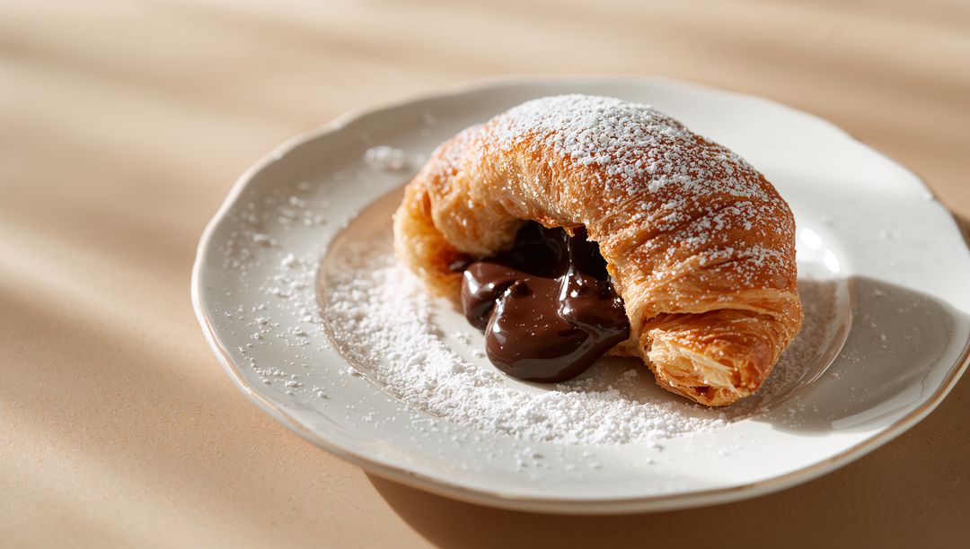 Chocolate ganache oozing from flaky croissant dusted with powdered sugar in warm sunlight