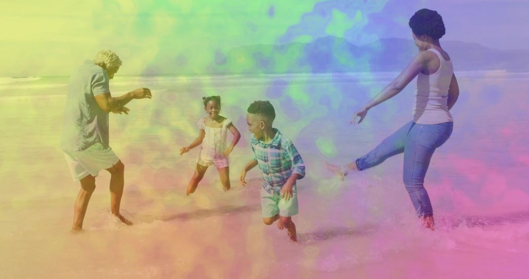 Vibrant Family Fun on Beach with Colorful Splash