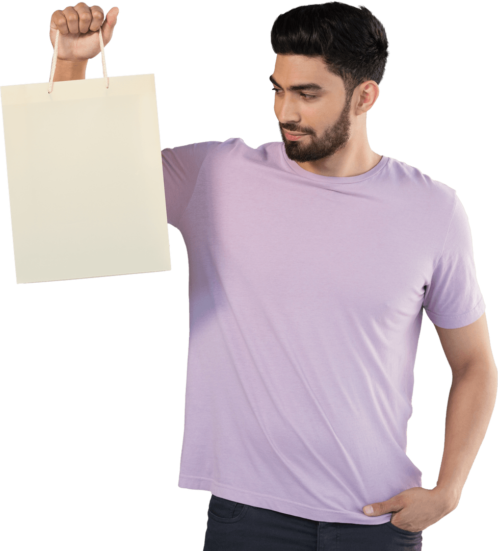 Man Examining Transparent Shopping Bag with Blank Design