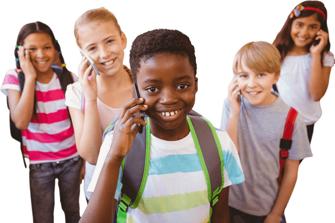 Diverse School Children Engaging with Smartphones in Transparent Background