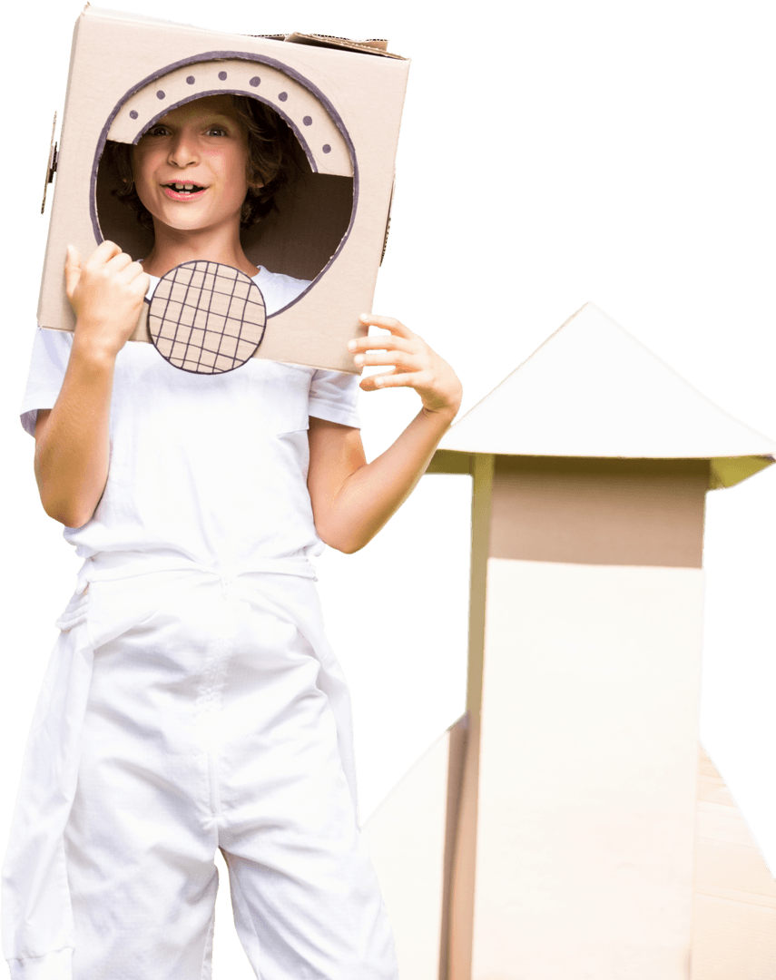 Boy Imagining as Astronaut with Cardboard, Transparent Background