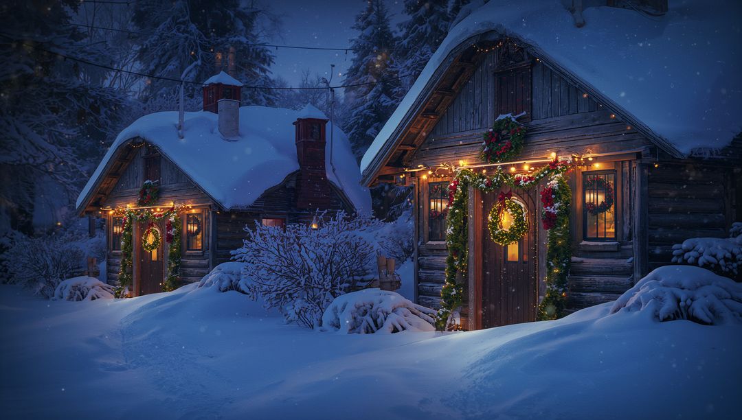 Charming Log Cabins with Festive Décor in Snowy Winter Landscape