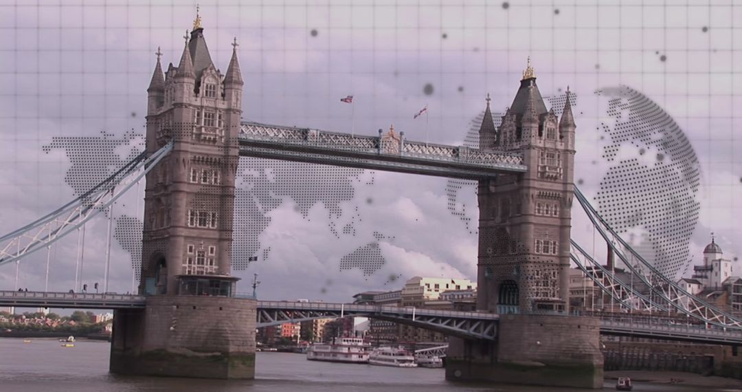 Digital World Map Over London Tower Bridge Cityscape