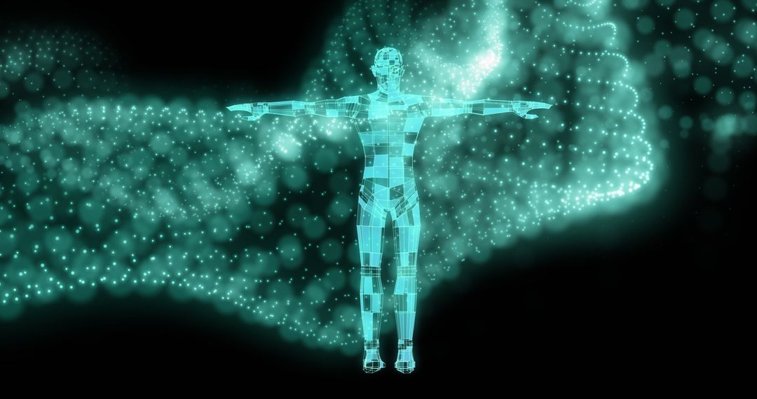 Digital AI Mesh Overlaying Futuristic Human Figure