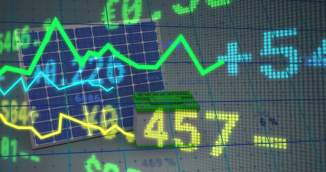 Renewable Energy Market Growth Concept with Solar Panel and Data Graphs