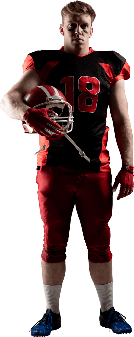 Transparent Football Player Heroic Pose with Helmet in Hands