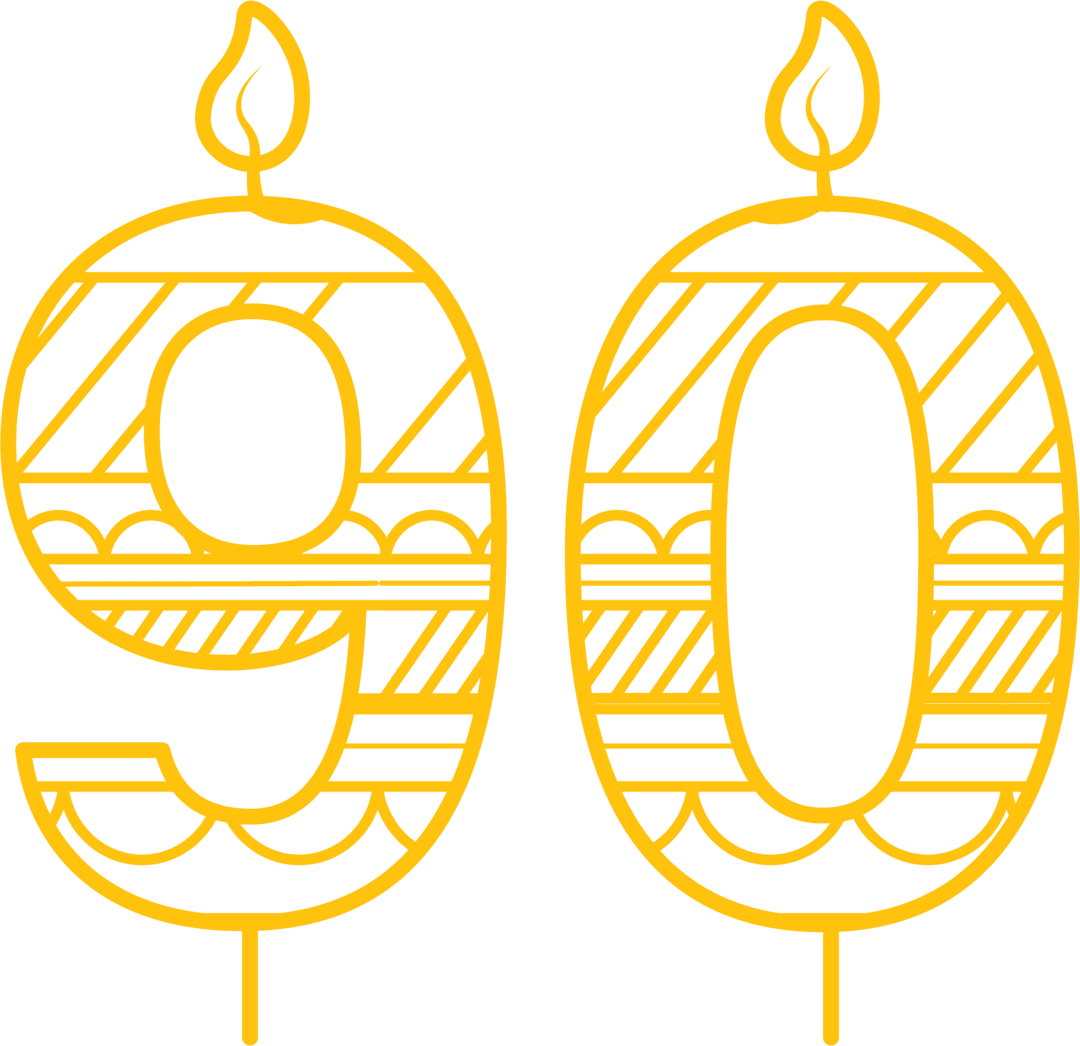 Yellow 90th Birthday Candle with Pattern on Transparent Background