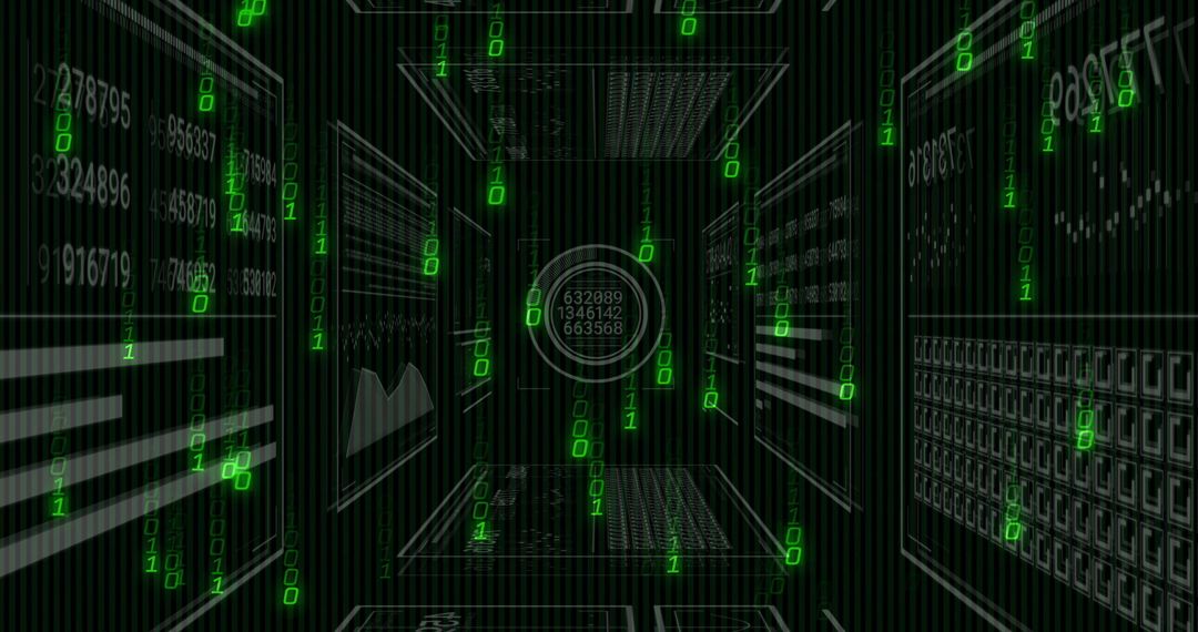 Futuristic Digital Data Corridor with Holographic Display