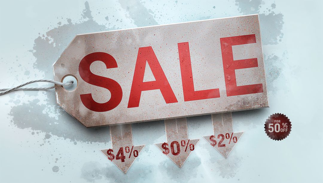 Displaying Grunge Sale Tag with Discount Arrows and 50% Off Badge for Retail Promotion