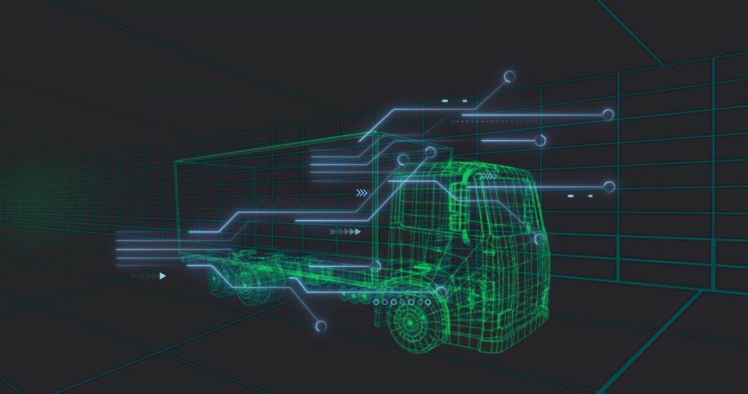 Neon Wireframe Truck Rotating in Virtual Garage with HUD Data Streams and Diagnostics