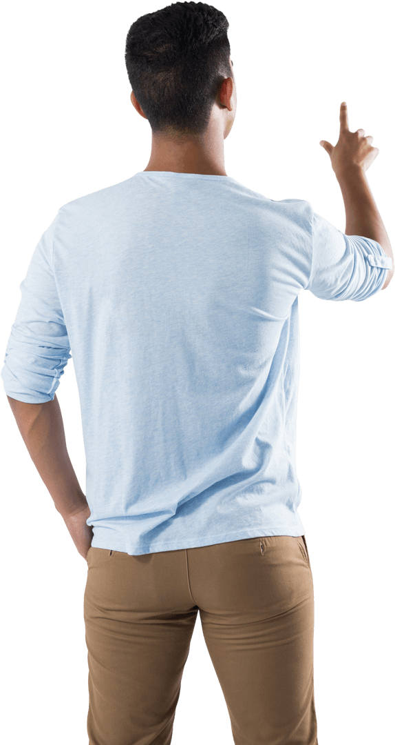 Man in Casual Outfit Interacting with Transparent Screen