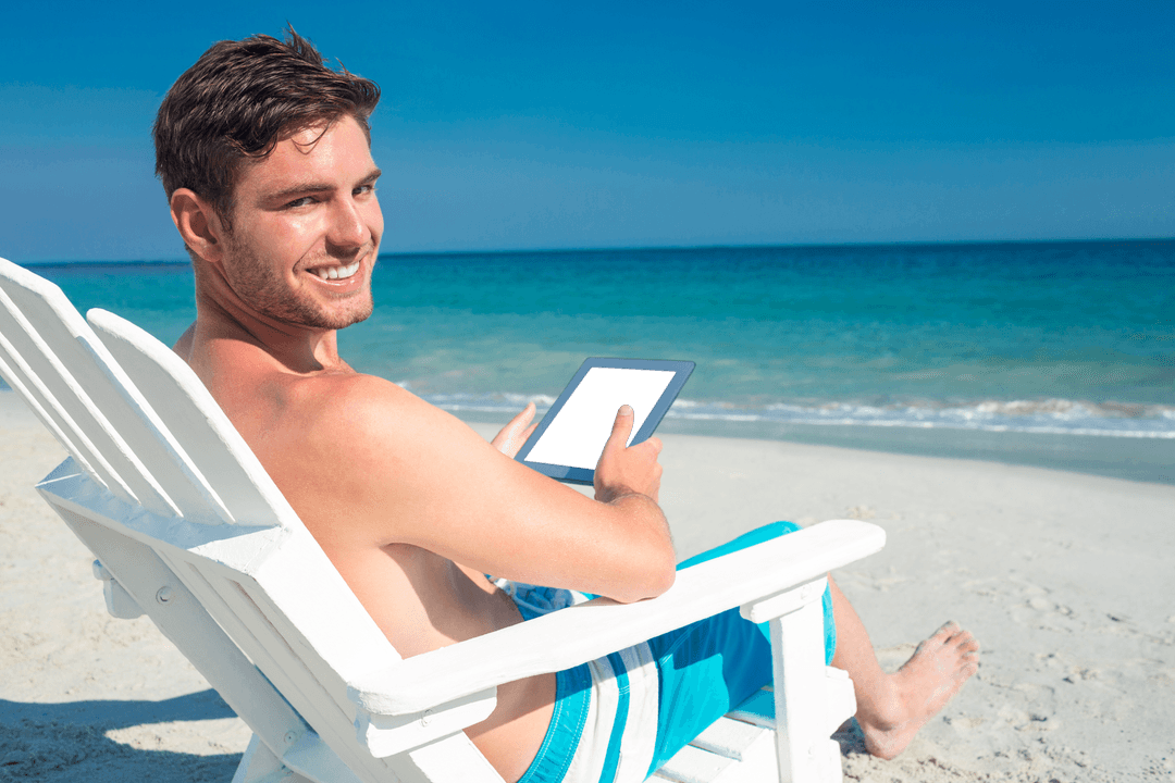 Transparent Azure Sky Beach Relaxed Sunbathing Man With Tablet