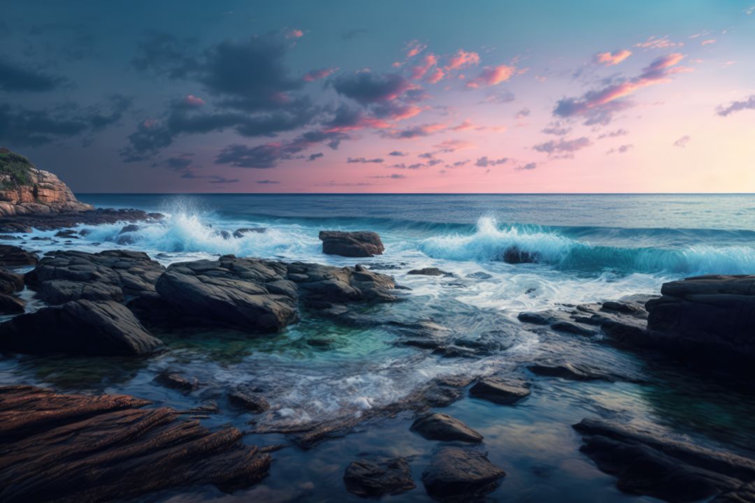 Dramatic Ocean Waves Crash Against Rocky Shoreline at Sunset - Free Images, Stock Photos and Pictures on Pikwizard.com