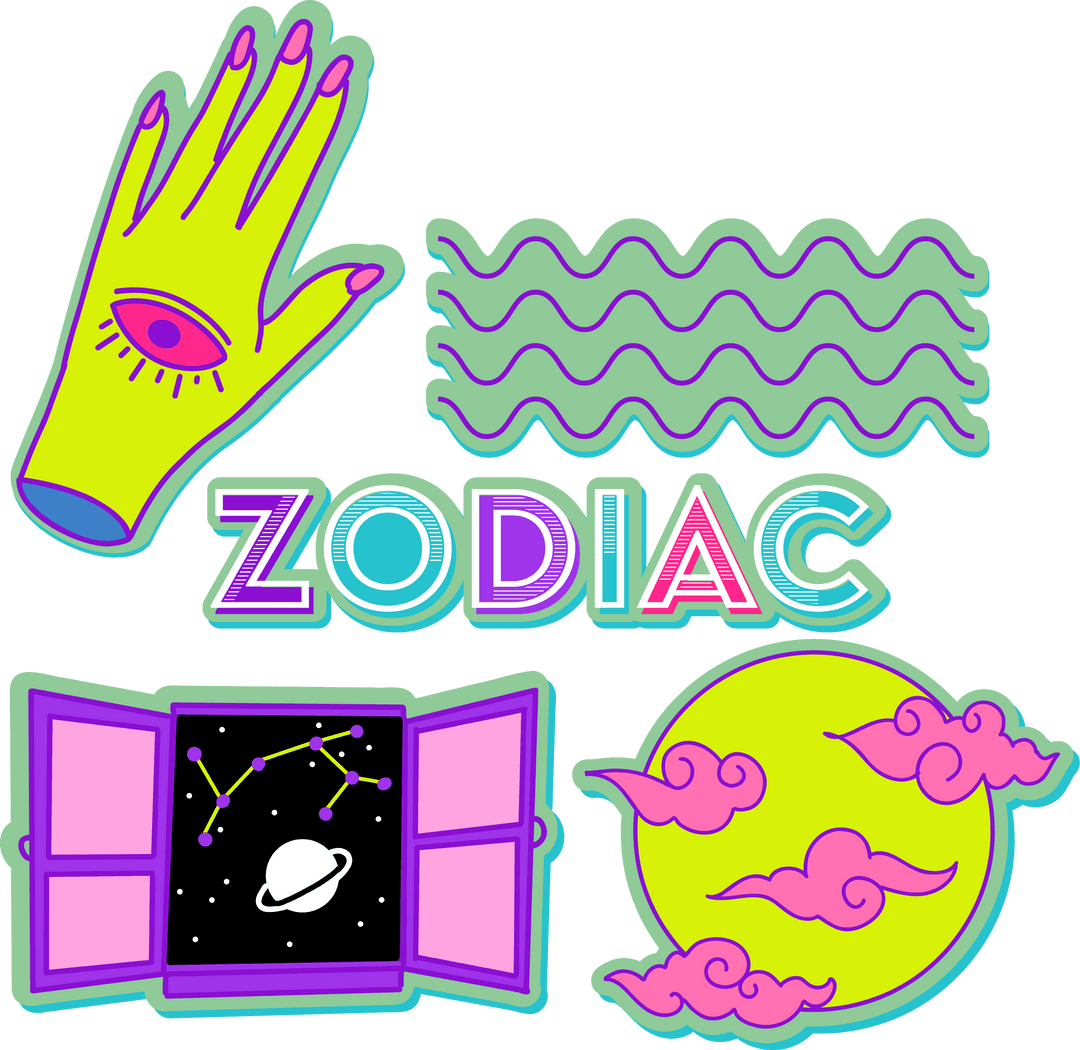 Vibrant Neon Zodiac Hand and Celestial Stickers