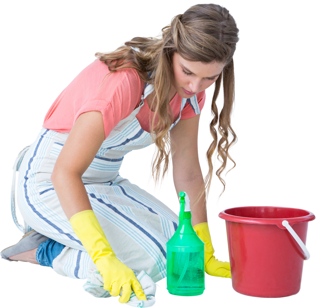 Young Woman Cleaning Floor with Yellow Gloves On Isolated on Transparent Background - Download Free Stock Images Pikwizard.com