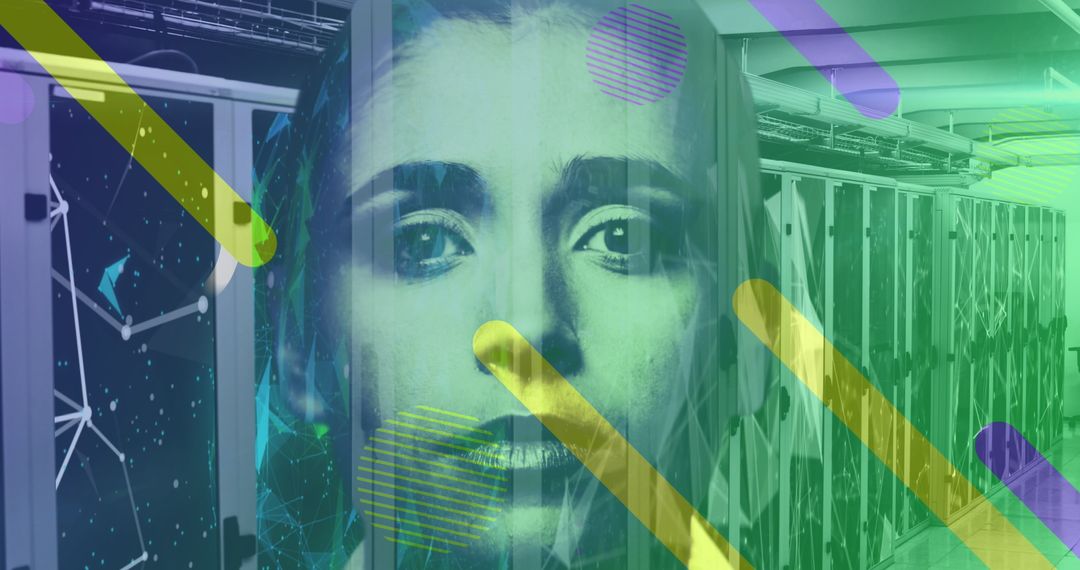 Digital Interface with Layered Female Face in Server Room
