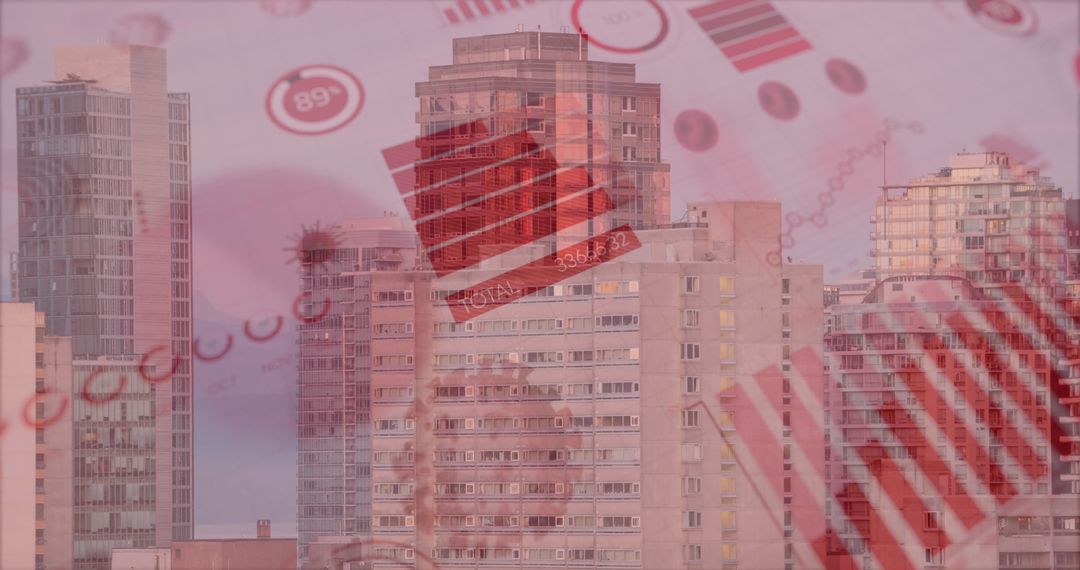 Cityscape with Floating COVID-19 Cells and Statistics