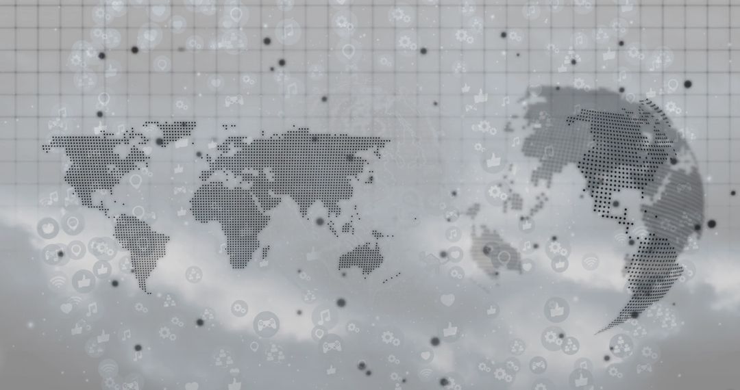 Futuristic Dotted World Map with Digital Icons in Misty Background