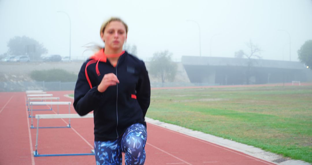 Focused Athlete Training on Track in Morning Fog - Free Images, Stock Photos and Pictures on Pikwizard.com